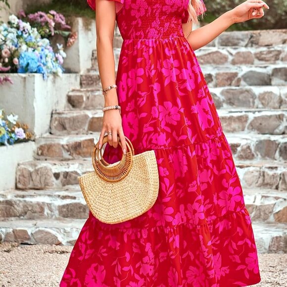 Women's 2025 Summer Casual Flutter Short Sleeve Boho Floral Maxi Dress Crew Neck - Picture 4 of 5